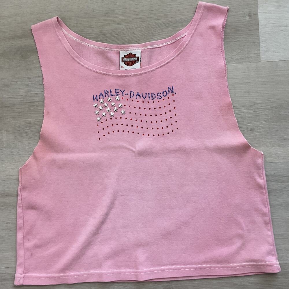 Harley Davidson Womens Pink Cut off Tee Rhinestone American Flag XL